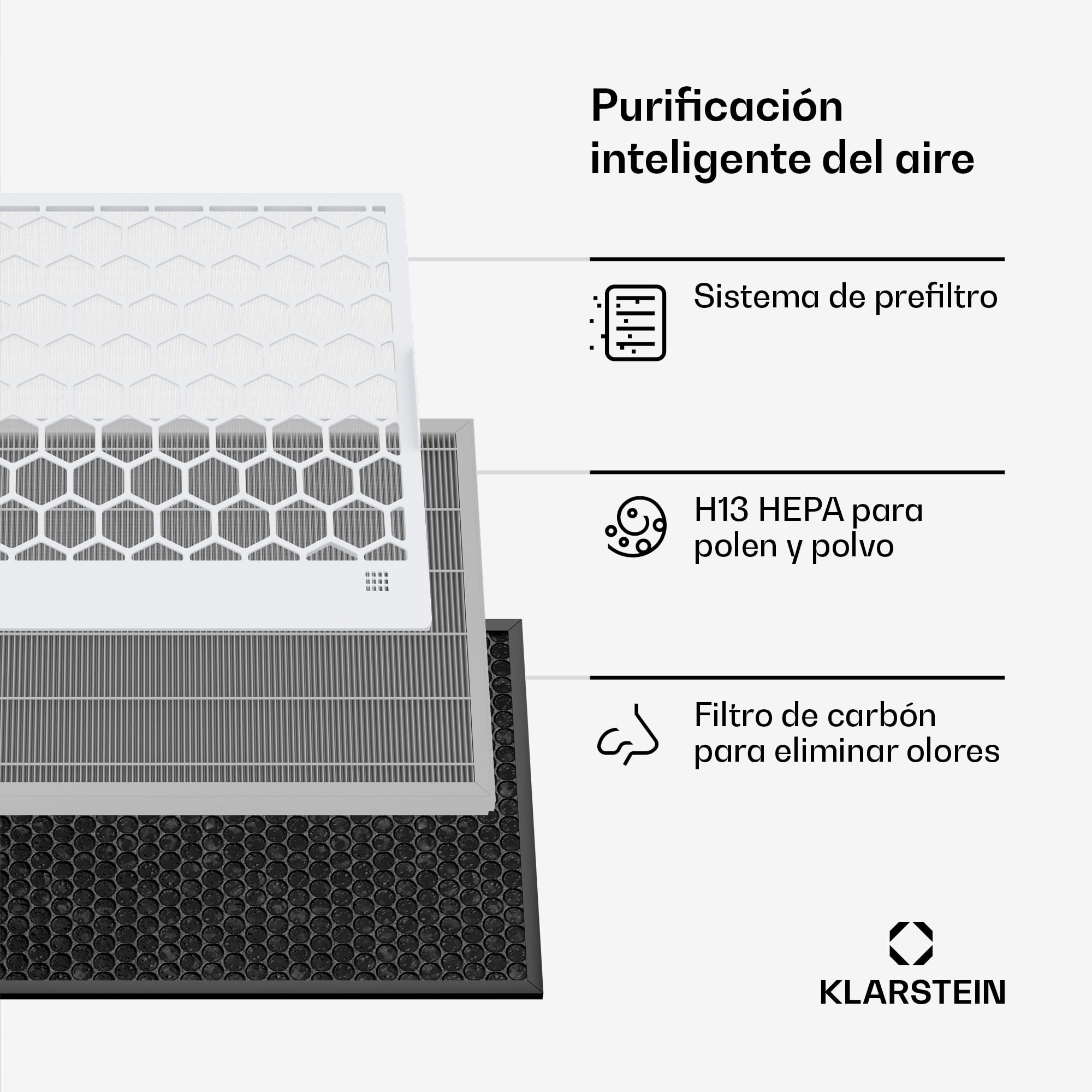 Klarstein AireLux Purificador de Aire con Filtro HEPA – Filtro de Carbón Activado, CADR 400 m³/h, Control WiFi, Silencioso, UV-C, Para Habitaciones Hasta 60 m², Depósito 6.2L