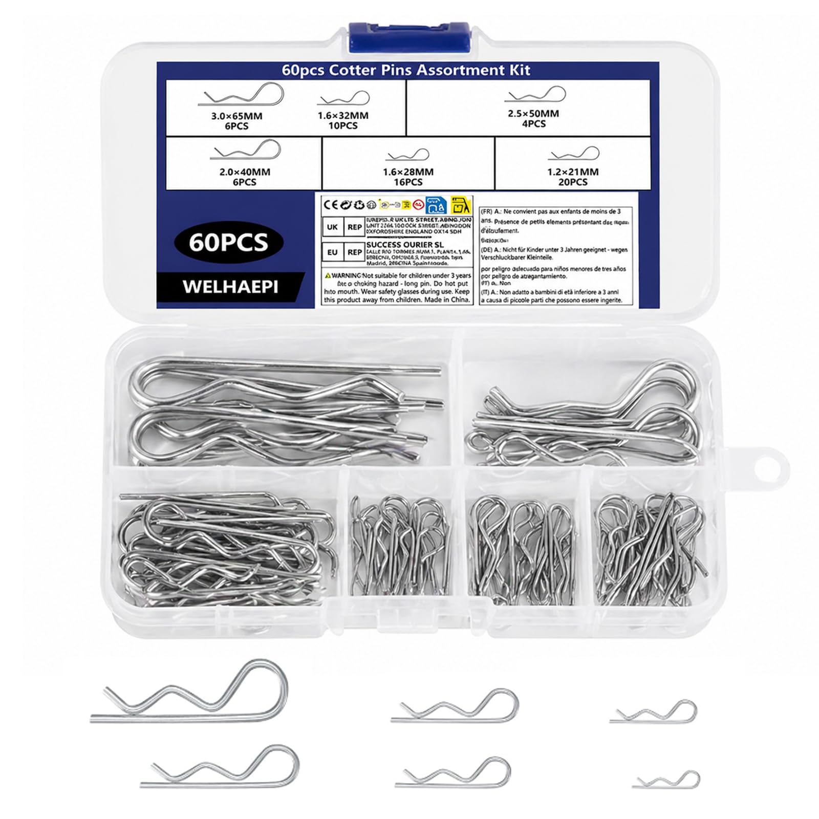 WELHAEPI 60 Pcs Cotter Pins Set, 304 Stainless R Clips Split Pins — image 1