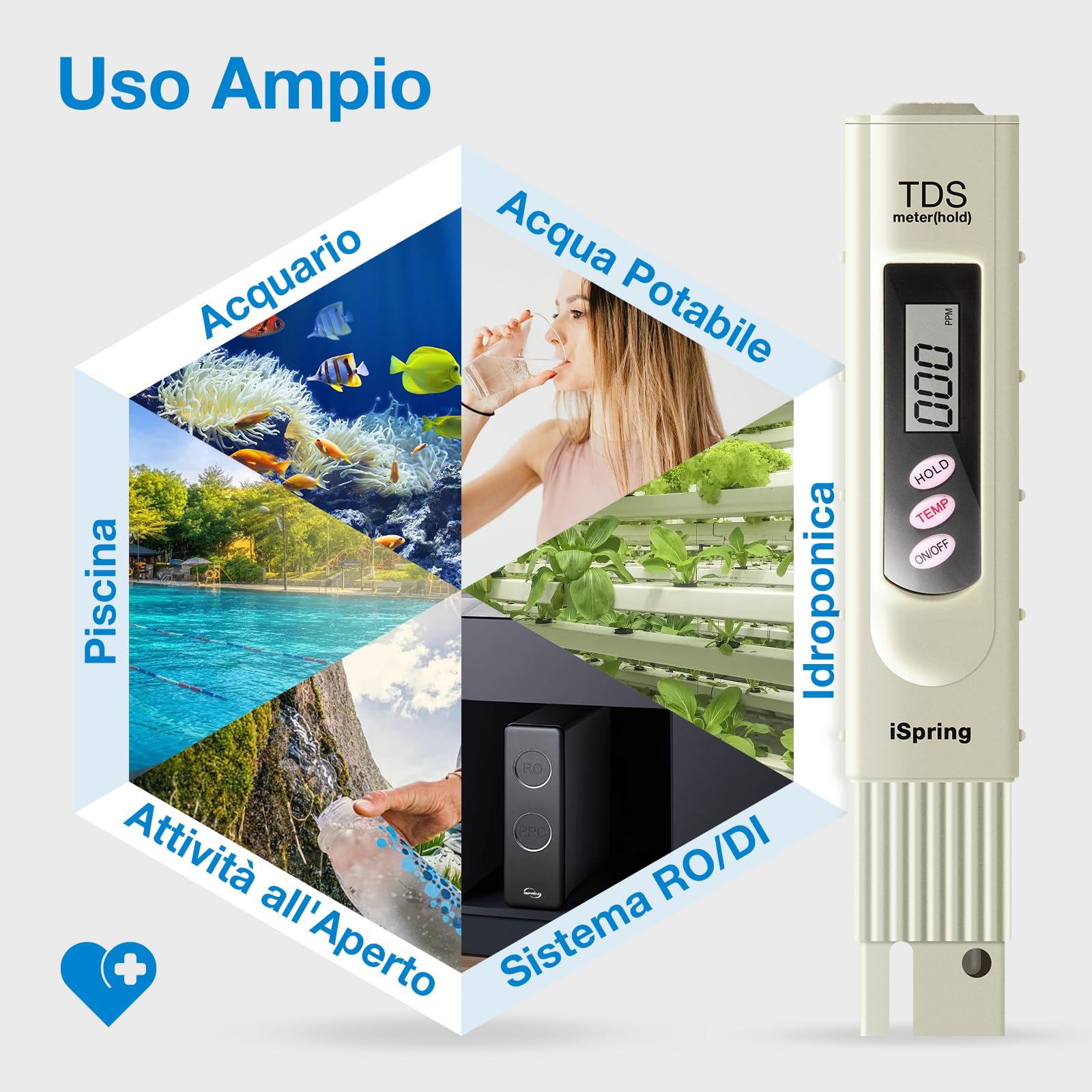 iSpring TDS Misuratore Digitale di Qualità dell'Acqua a 3 Pulsanti con Funzione di Test della Temperatura
