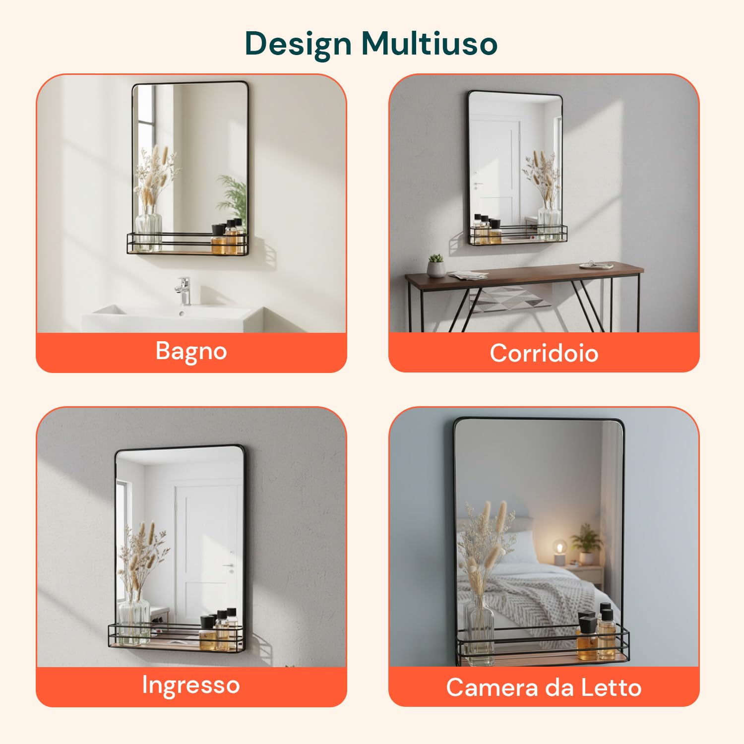 Avilia - Specchio da Parete 40x30x5cm Moderno con Cornice Nera e Ripiano in Legno - Specchio da Bagno con Mensola Portaoggetti Integrata - Design Elegante per Ingresso, Camera e Corridoio