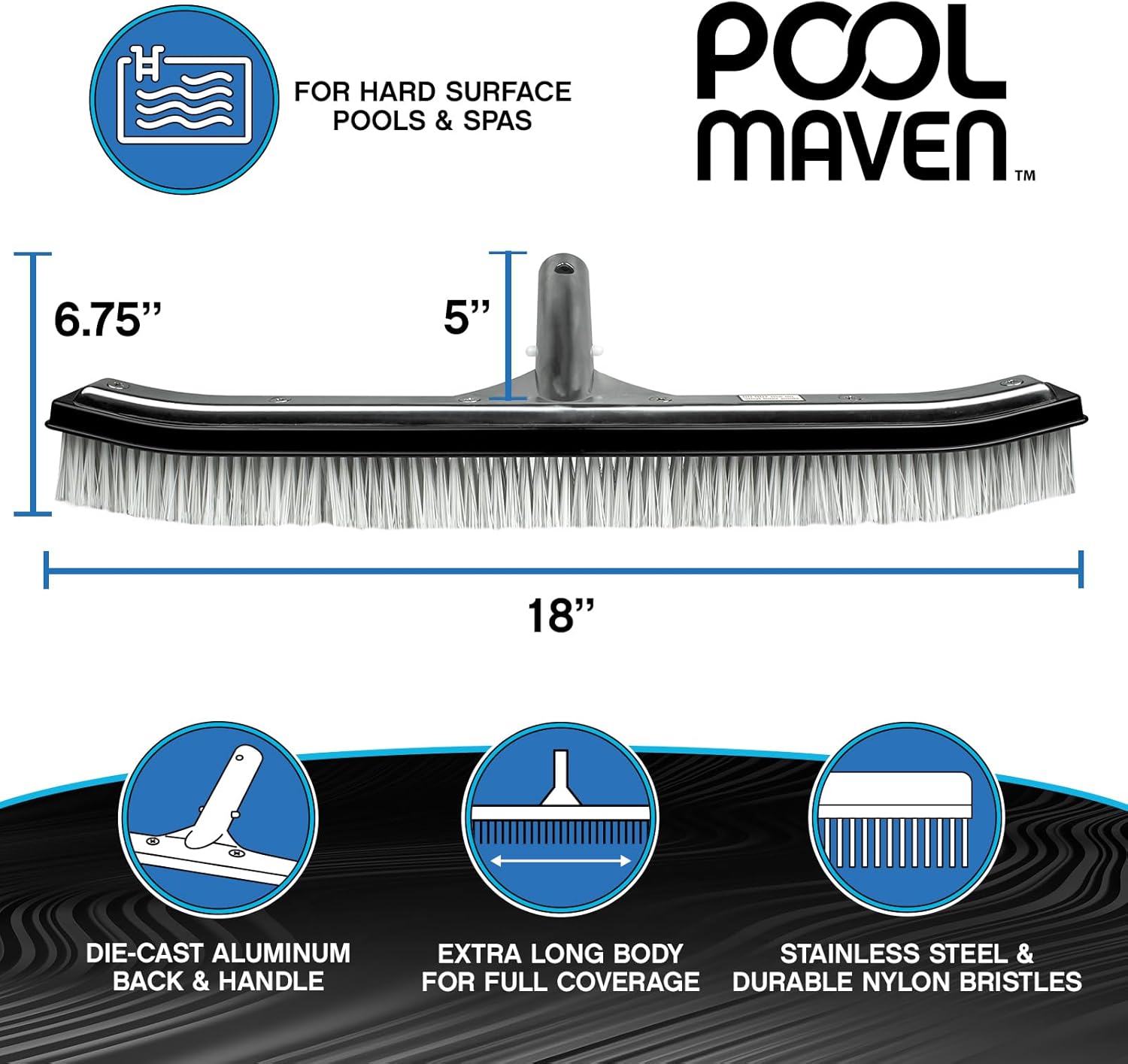 18-Inch Gunite Inground Pool Brush with Die-Cast Aluminum Back and Combo Nylon and Stainless Steel Bristles, Heavy Duty Wall and Floor Brush for Hard-Surface Pools, Performance Series
