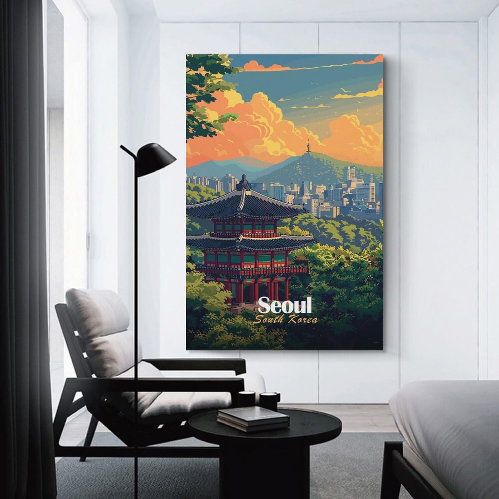 Junmoney Seoul, South Korea Illustration Wall Picture Print 16x24inch(40x60cm), for Lounge Decor, Offices Or Entryway Styling, Versatile Wall Decor for Many Rooms