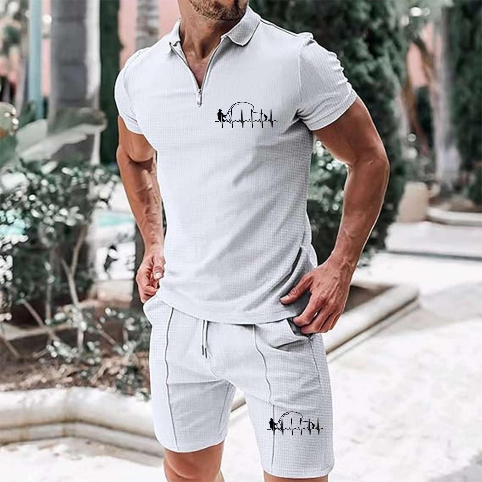 Herren Trainingsanzug 2 Pcs Waffel Polosuit Outfits Halb Zip Polo Shirt und Short Jogginganzug Casual Freizeitanzug Sportanzug Tracksuit Zweiteiler Sommer Outfit Set S-5XL Gym Urlaub Strand