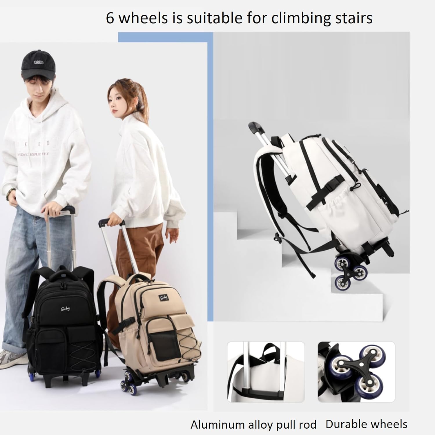 Rolling Backpack for Boys with Wheels Roller Backpack Wheeled School Bag for Teen Boys Black