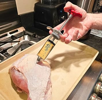 SpitJack SHOT XL BBQ Marinade Syringe Meat Injector, 70ml, 4 Needles, MJ150 | Large-capacity adjustable injector for serious cooks. Includes case, brushes, detailed guide, recipes, and support.