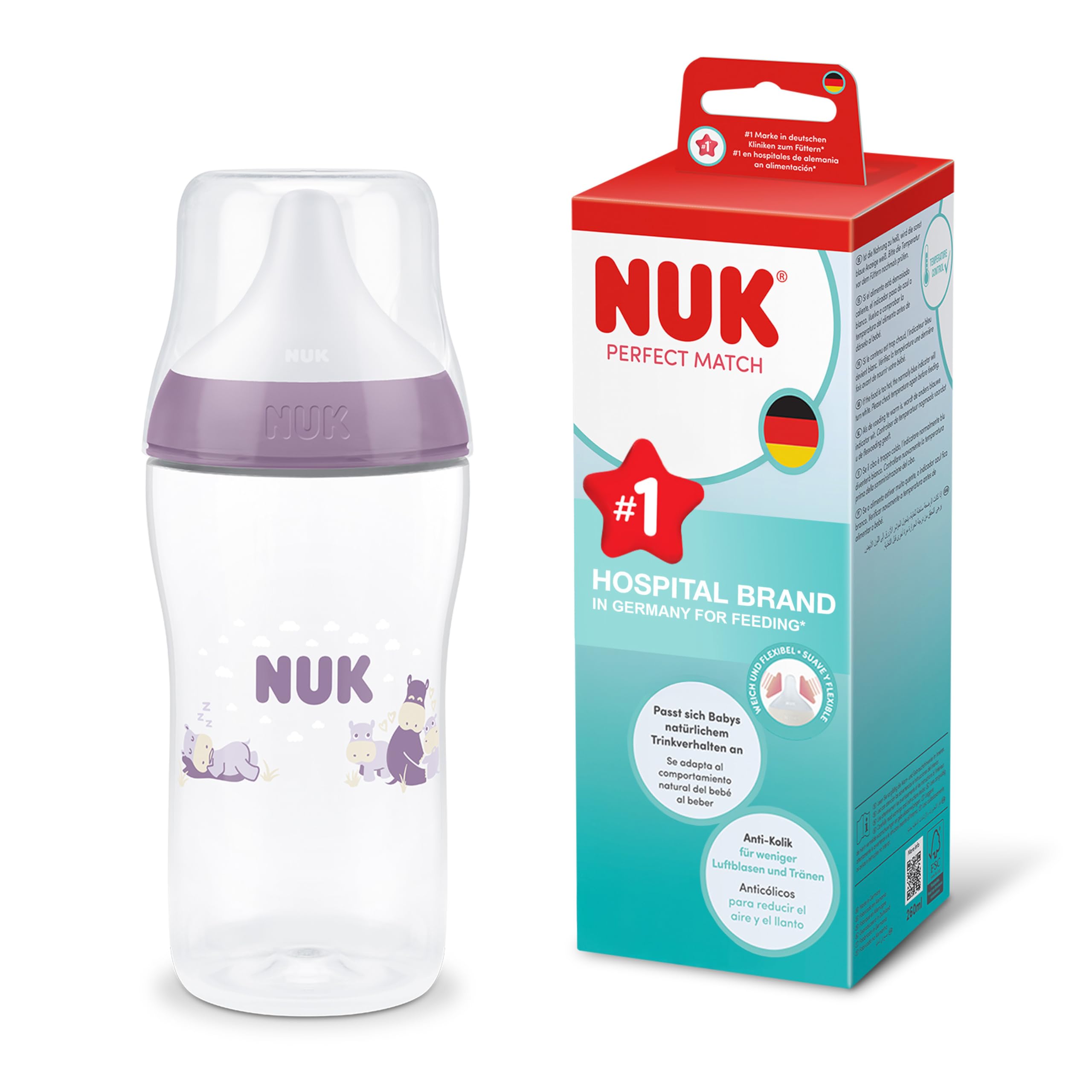 NUK Perfect Match Baby Bottle | 3+ Months | 260ml | Anti Colic Feeding Bottle | PP | Temperature Control Indicator | Hippo | 1 Count