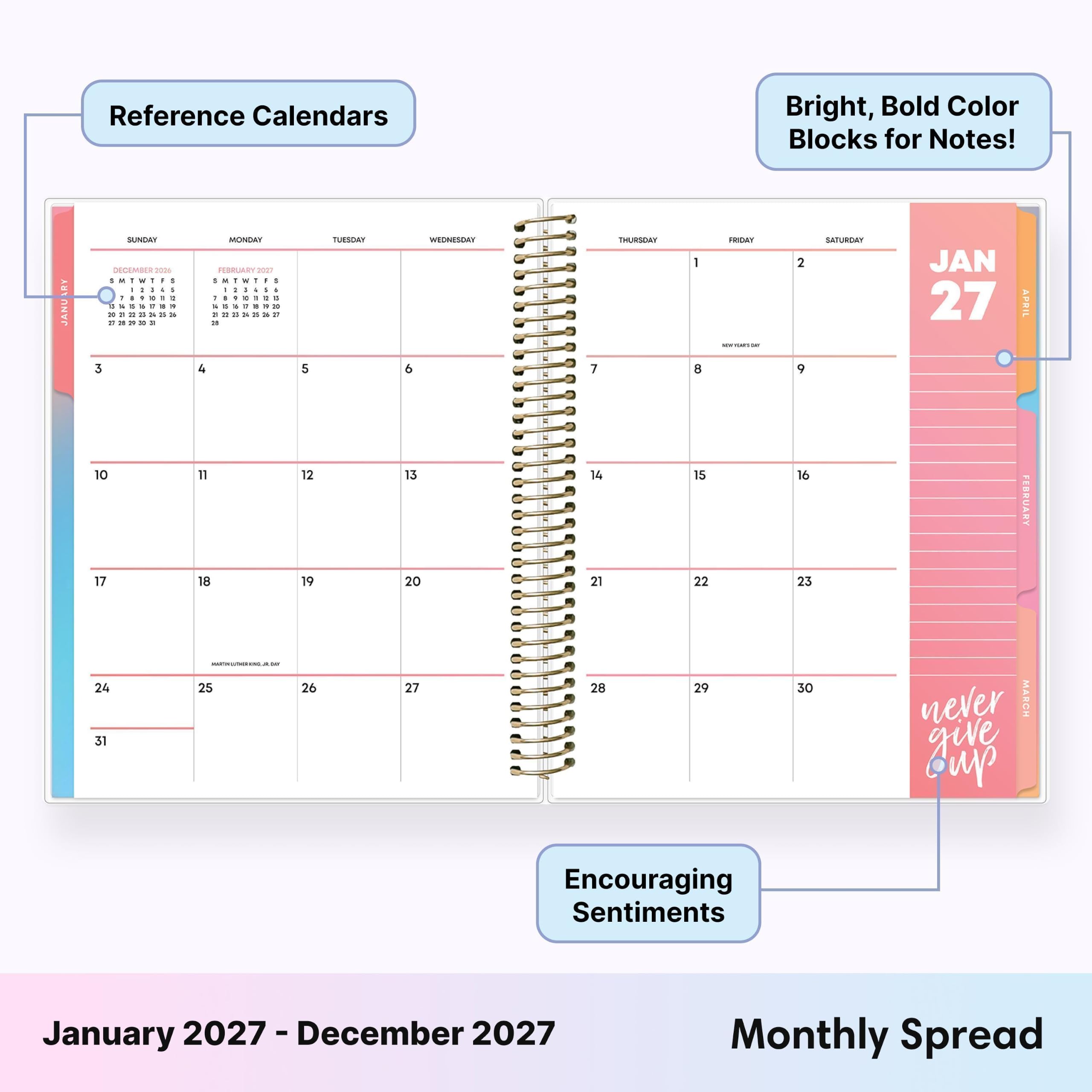 Blue Sky Livewell - Calendario diario y mensual 2027, enero de 2027 a diciembre de 2027, 7 x 9 pulgadas, cubierta flexible, encuadernación duradera de doble alambre, páginas coloridas, bolsillo de