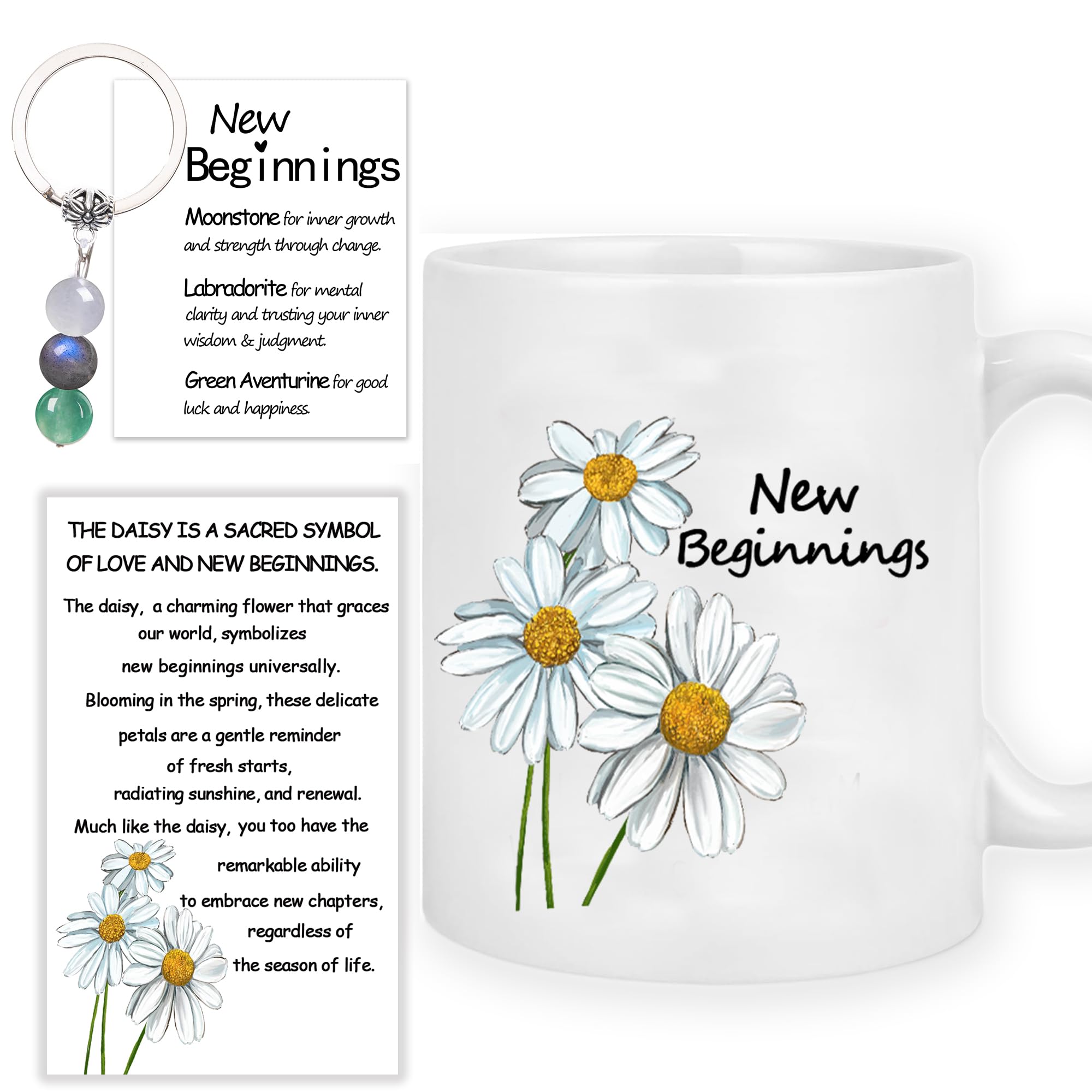 MKISHINE New Beginnings Gifts Cards Crystal Keychain Daisy White Coffee Mug for New Job,Going Away,Farewell,Goodbye