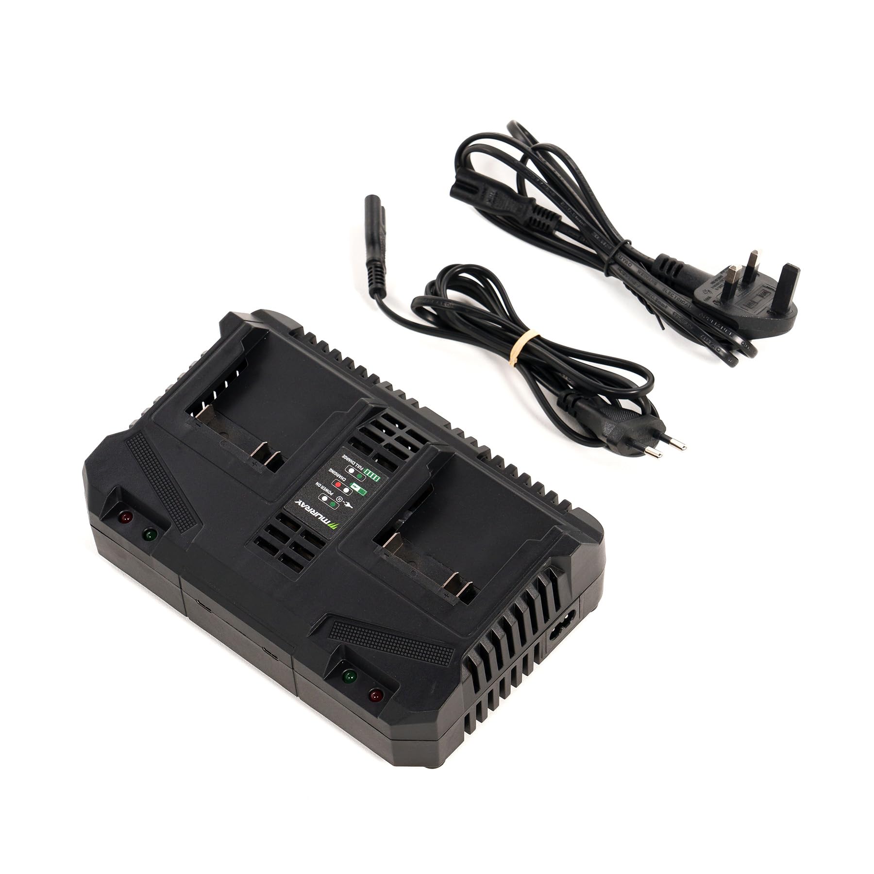 Murray Caricabatterie Doppio 20V MU-BAT-DC4A – Caricatore Rapido con Corrente di Carica 4A – 2 Porte USB-C, Indicatore LED – Inclusi Spine EU & UK – Compatibile con Batterie 20V
