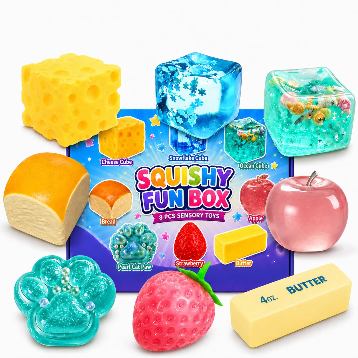 8 Stück Squishy Spielzeug Set, Squishy Fun Box mit 8 Designs, Slow Rising Fidget Toys & Anti-Stress Spielzeug, Sensorik Squeeze Toys, Party-Mitgebsel, Goodie Bag & Geburtstagsgeschenk