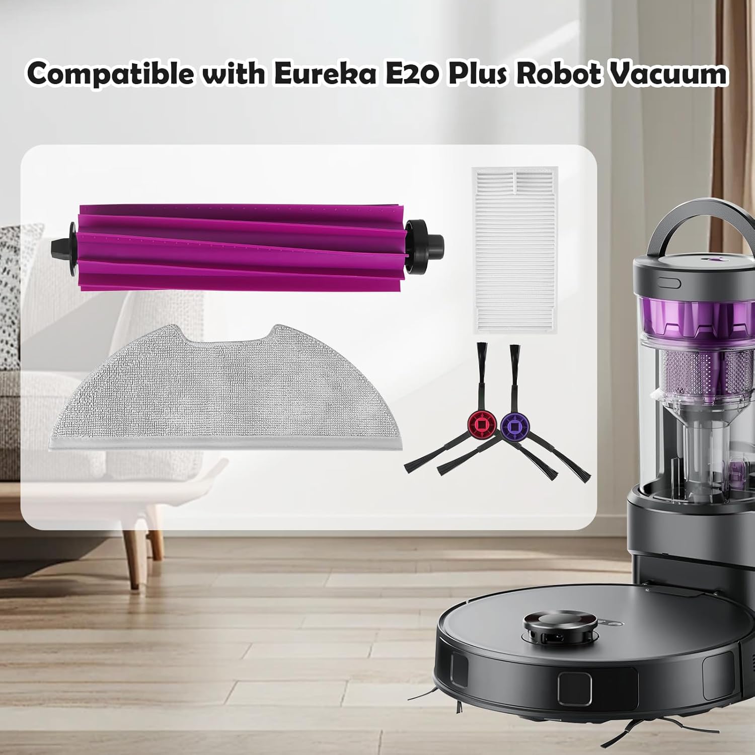 18 Pack E20 Plus Accessories Kit Replacement Compatible with Eureka E20 Plus, 1 Main Roller Brushes, 8 Side Brushes, 4 Hepa Filters, 4 Mop Pads,1 Cleaning Brush