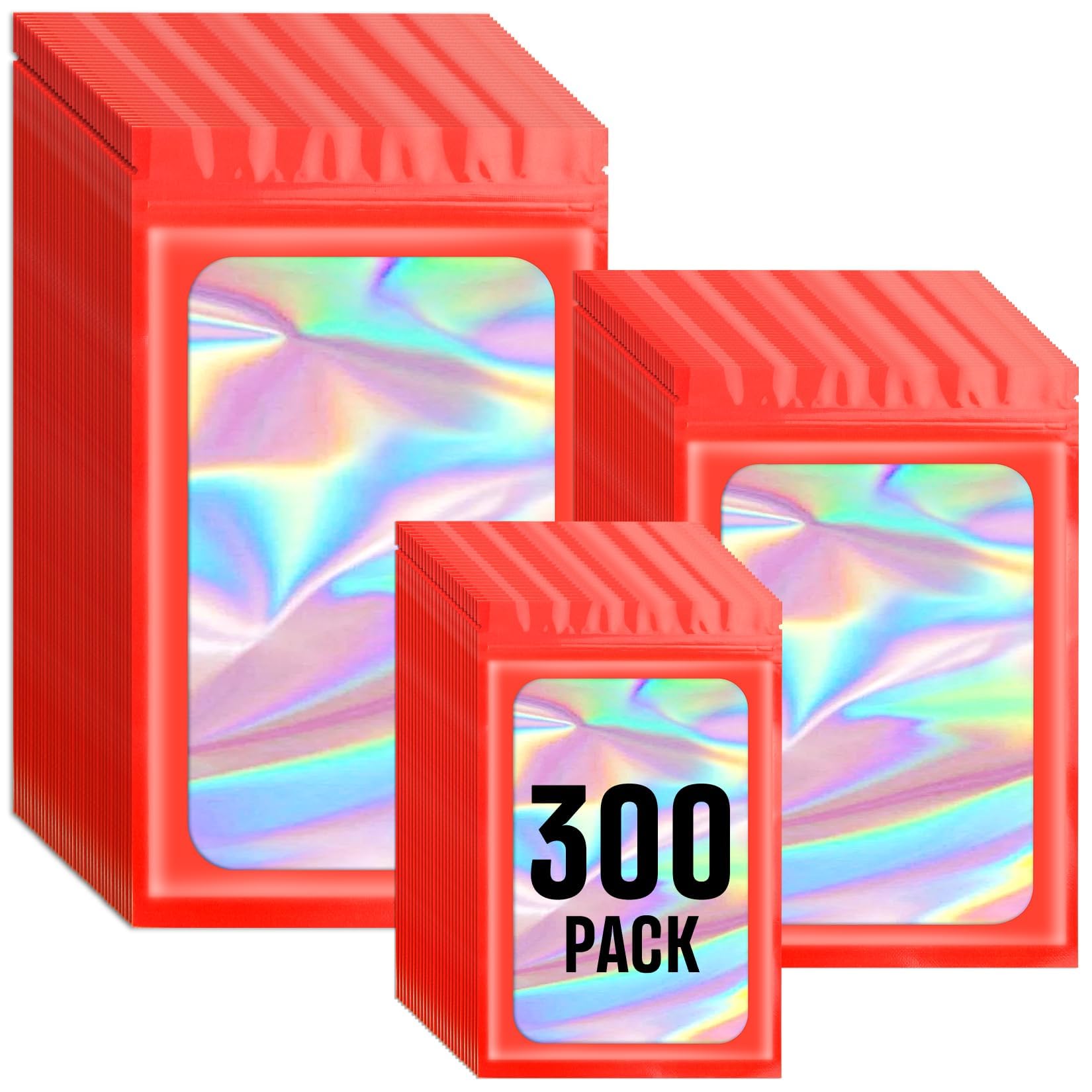 Funfery 300 Pack 3 Size Red Mylar Holographic Bags with Clear Window