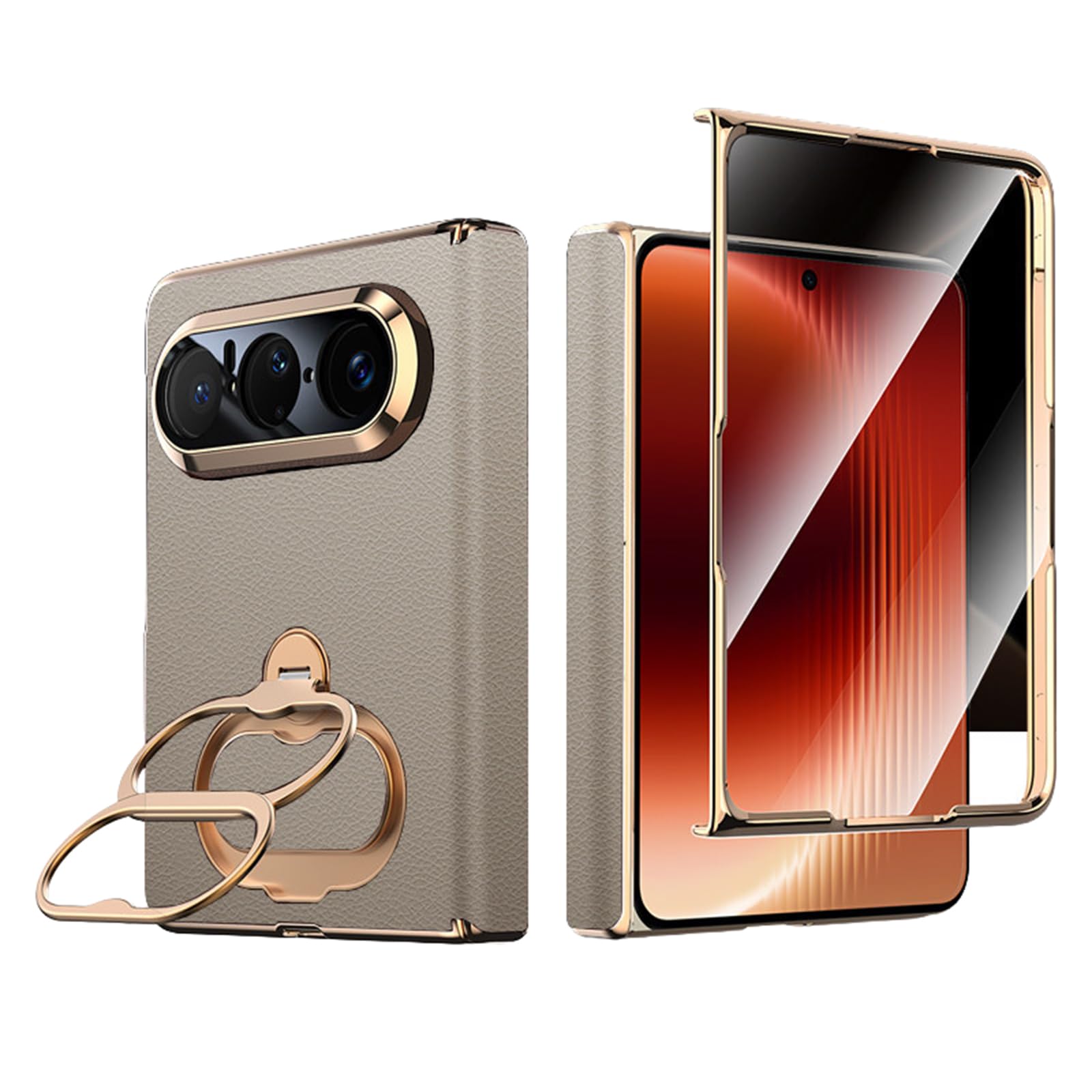 FDUJINH Genuine Leather Cover for Huawei Pura X Max, Folding Rotating Kickstand Case Electroplated Anti-Fall Hinge Full Body Protection Shell