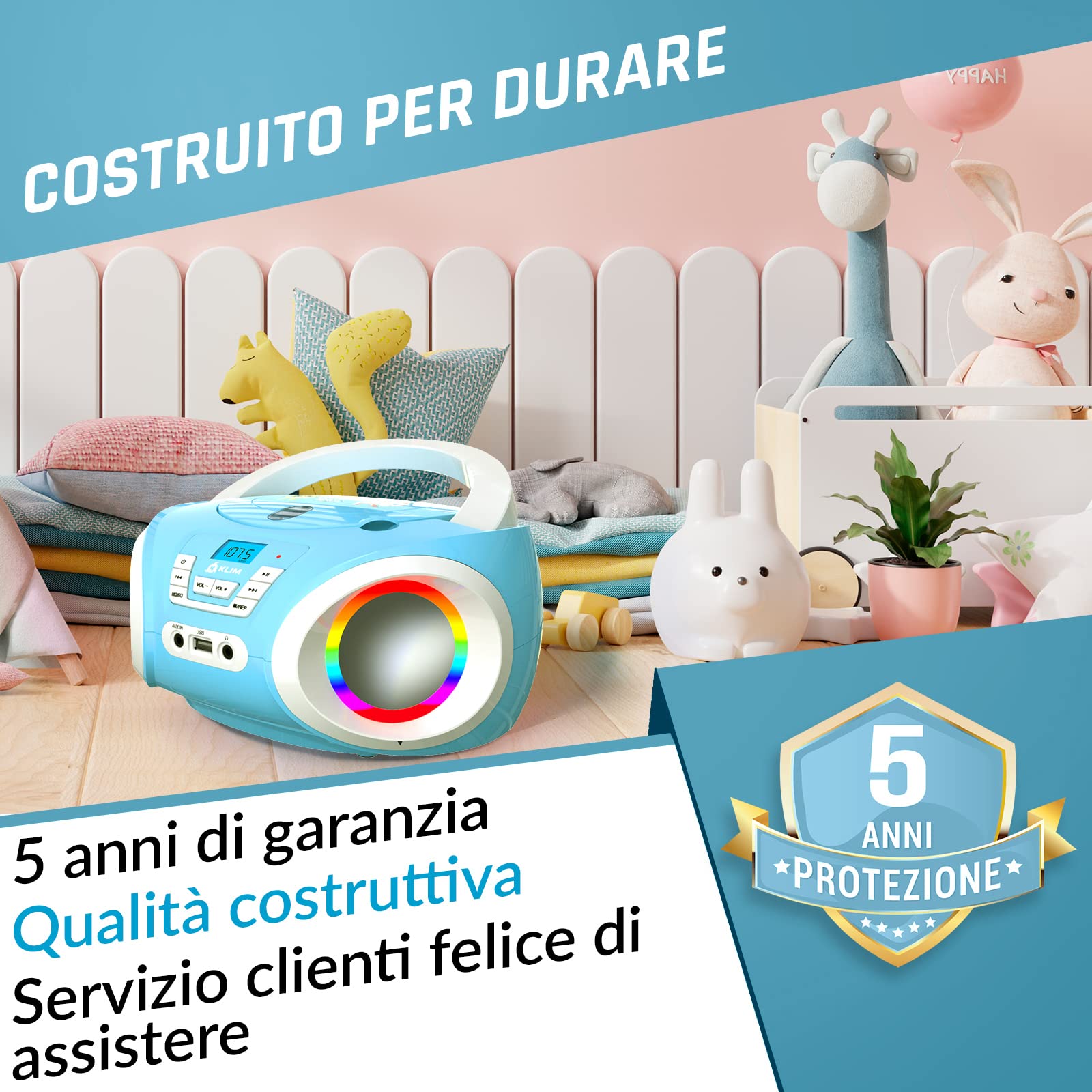 KLIM Candy Stereo per bambino NUOVO + Radio FM + Batterie incluse + Lettore CD Blu con altoparlanti e Radio + Regalo Perfetto