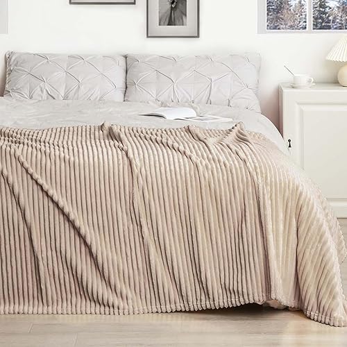Miniatura 2 de Vessia Manta de franela de forro polar para sofá, cama, 10.58 ozm, manta a rayas color camello para adultos y niños, súper suave, cálida, acogedora,