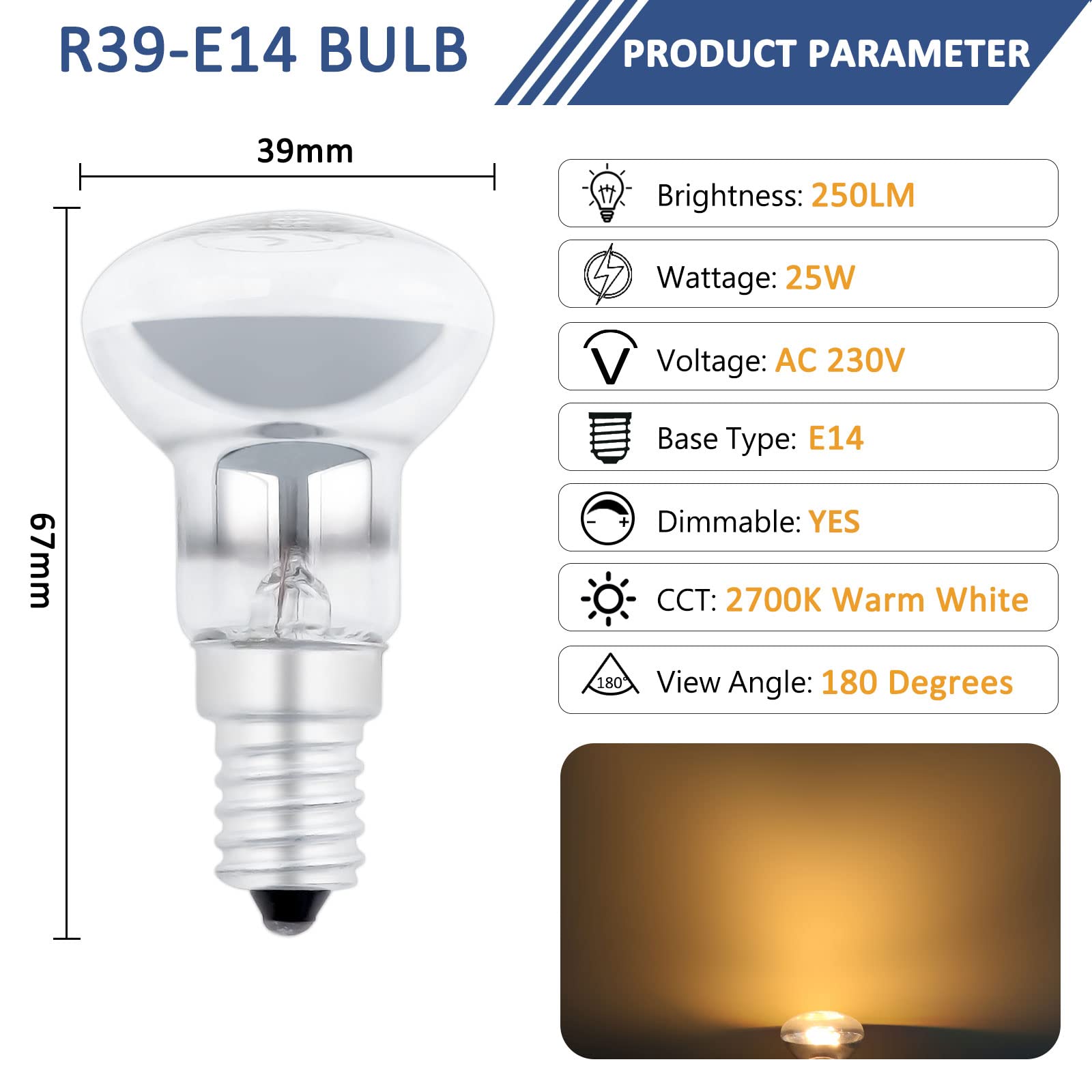 Caldarax Lampa lawowa, żarówka E14 R39, możliwość ściemniania, 25 W, lampa lawowa, reflektor AC 240 V, ciepła biel 2700 K, 250 lm, lampa grzewcza R39, lampa reflektorowa, lampa błyskowa, lampy fusion