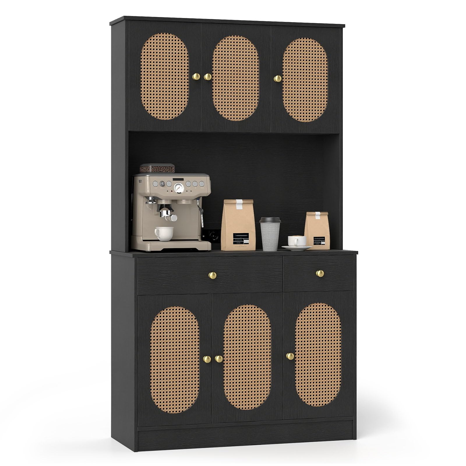 COSTWAY Armoire de Rangement, Buffet avec Vitrine, Station de Recharge, 6 Portes en Rotin, 2 Tiroirs, 4 Étagères Réglables, Buffet Bohème Indépendant pour Salon, Salle à Manger (Noir)