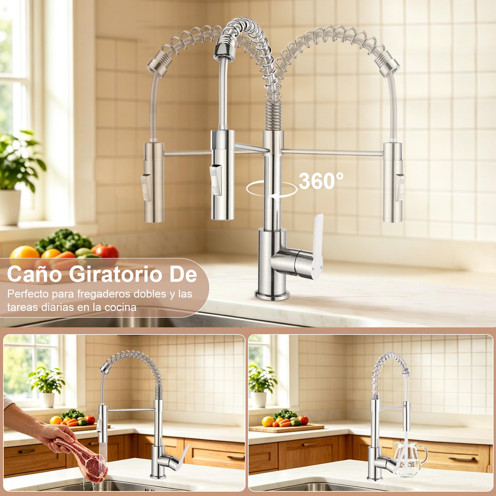 Grifo Cocina, Moderno Grifo Cocina Extraible con Ducha de 2 Modos y 360° Giratorio, Caño Alto para Grifos Cocina Fregadero, Mezclador Monomando, Acero Inoxidable Cepillado