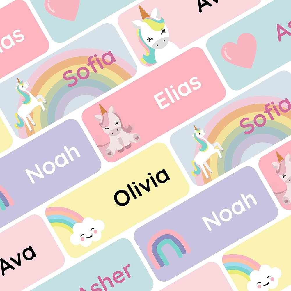 Personalized Name Labels for Kids (120) - Custom Waterproof & Durable Stickers for Clothing, Daycare, Office & School Supplies - Unicorns
