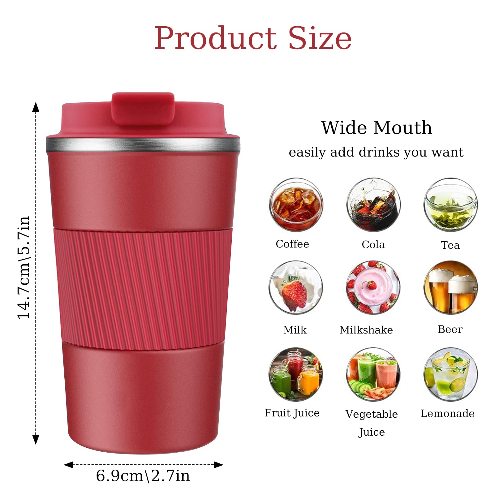 Senshuomy Travel Mug,Insulated Coffee Cup with Leakproof Lid,Reusable Coffee Cups Travel Cup,Stainless Steel thermaol Mug for Hot Cold Drinks (Red/380ml) - Image 2