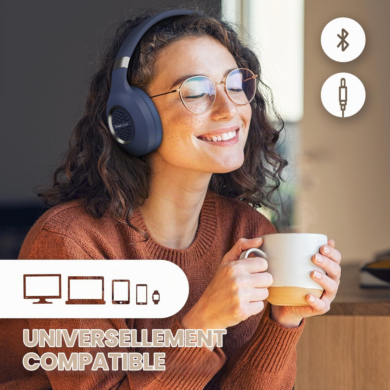 PowerLocus Casque Audio Bluetooth sans-Fil avec Microphone Intégré, Basses fréquences Stéréo Hi-FI, Confortable Cache-Oreilles pour Les Cours en Ligne, Téléphones Portables, Tablettes, PC,TV