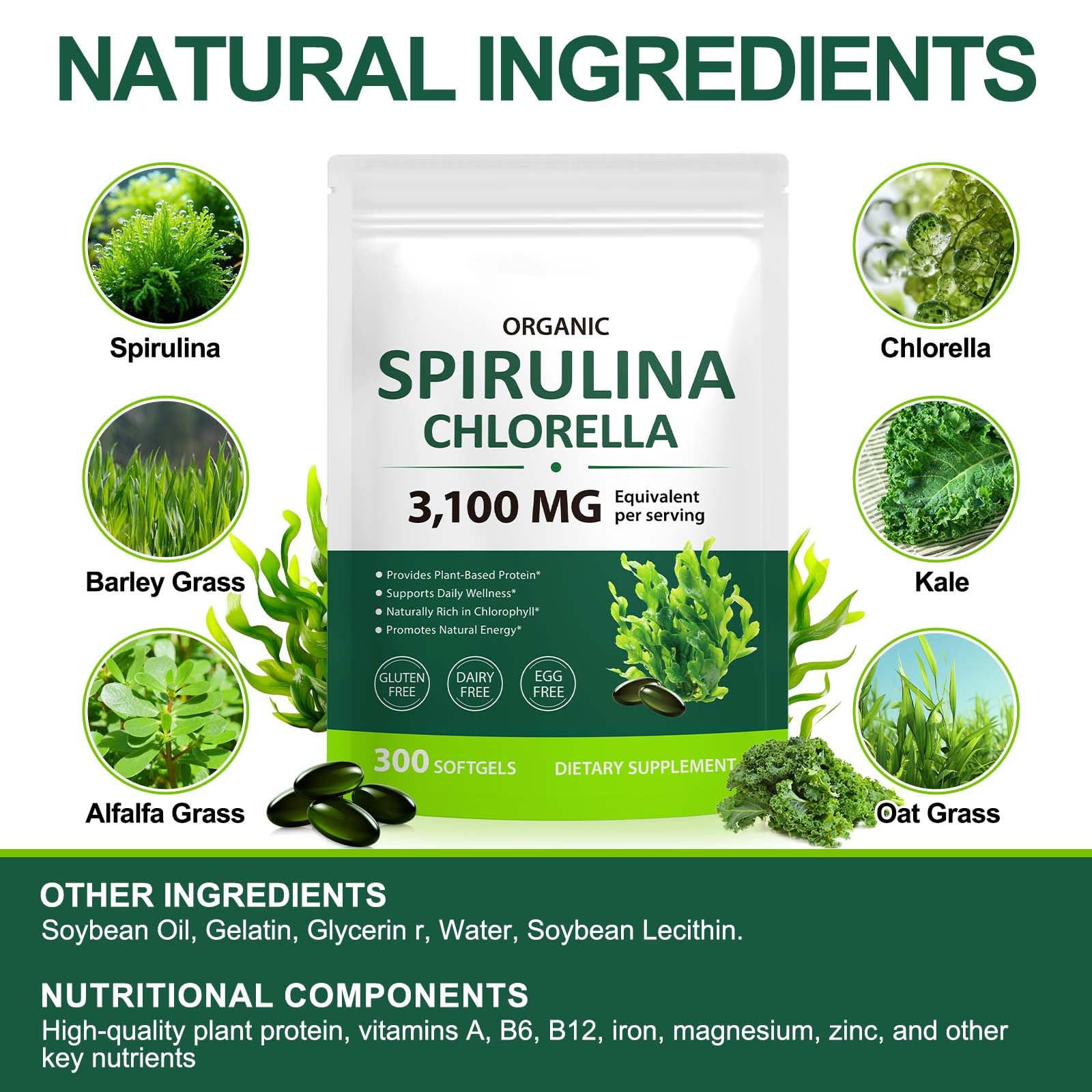 Tiuedu Spirulina Chlorella Softgels 300 Capsules, 17 in 1 Green Nutrient Blend Spirulina Chlorella Softgels,Rich in Plant Protein, Vitamins, Chlorophyll, Easy to Take Softgel — Amazon image 3