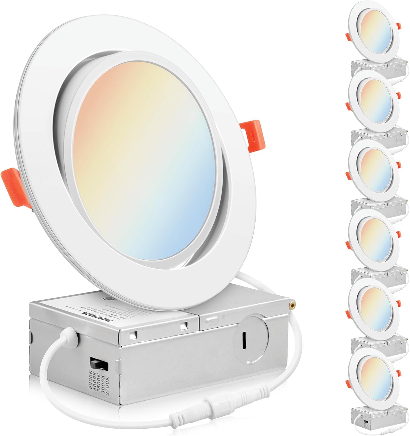 PARMIDA (6 Pack) 6 Inch 5CCT Ultra-Thin LED Adjustable Gimbal Recessed Lighting with J-Box, 2700K/3000K/3500K/4000K/5000K 5 Color Selectable, 12W, Eyeball Canless Slim Panel Lights, Dimmable, IC, ETL