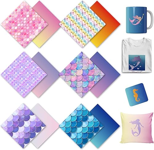 WOWOCUT Hojas de tinta de transferencia infusibles, 12 paquetes de papel de transferencia de calor de sirena, hoja de sublimación de 12 x 12