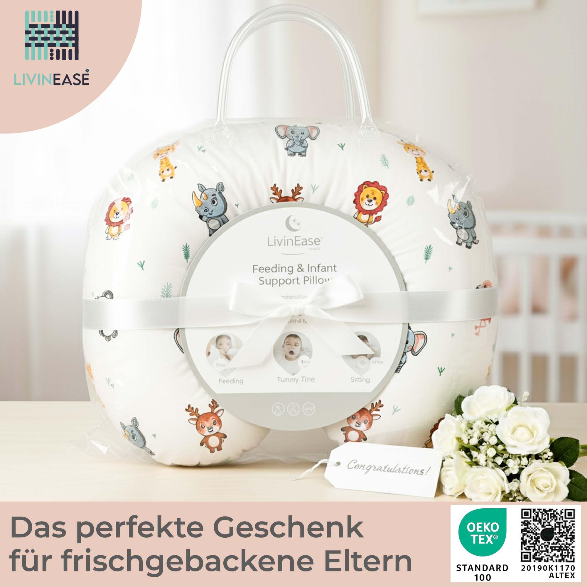 LivinEase Stillkissen zum Stillen und für Flaschen - Baby-Fütterungskissen 100% OEKO-TEX zertifizierte Baumwolle mit waschbarem Bezug - Perfekt für Bauchzeit (Dschungel)