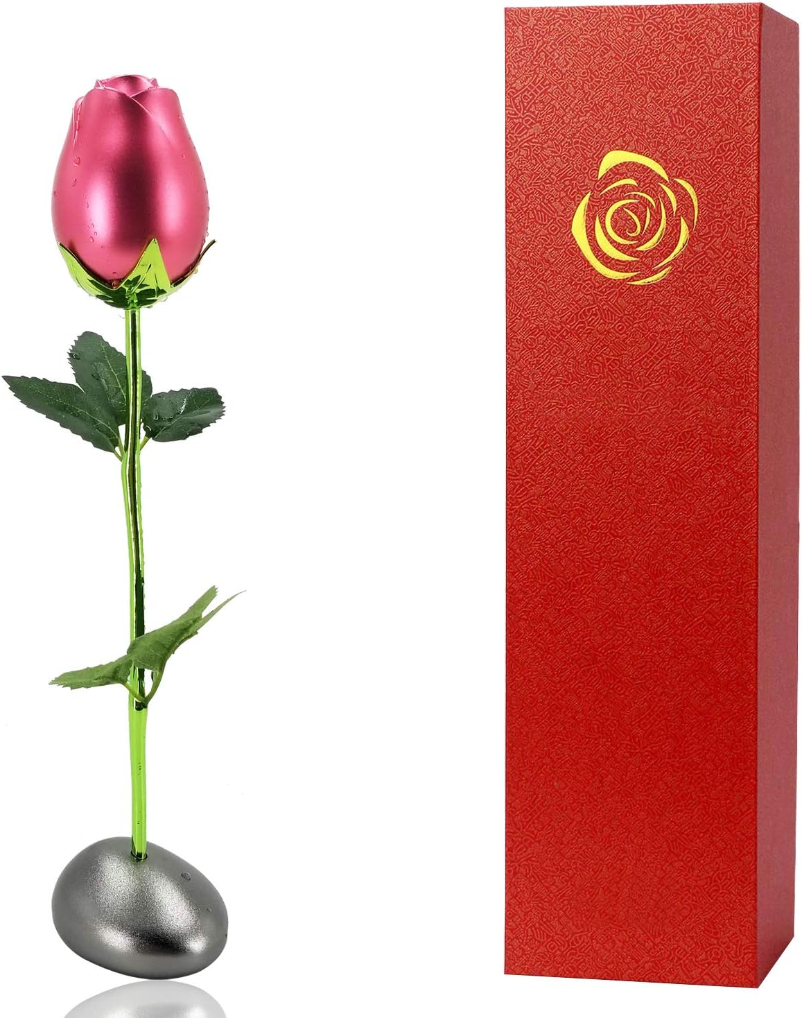 Pink Forever Rose, Artificial Metal Flower with Pebble Stand, Best Gift for Her (with Gift Box)