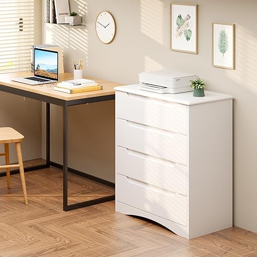 Miniatura 4 de Bealife Cómoda para dormitorio, cómoda de 4 cajones cajonera con dispositivo antitropiezos, cómoda blanca para armario con asas empotradas,
