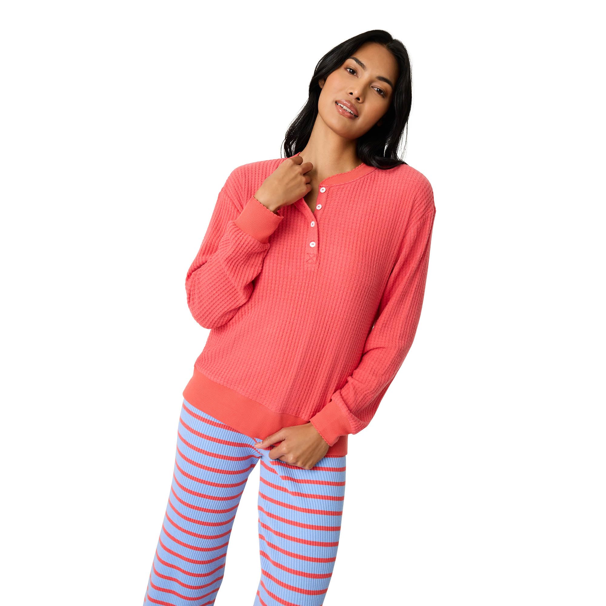 PJ Salvage Womens Morning Waffles Thermal Long-Sleeve Pullover Pajama Top