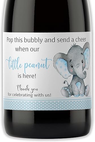 Juego de 18 mini etiquetas de champán, baby shower, Baby Sprinkle, Blue Little Peanut Elephant M501-E-18