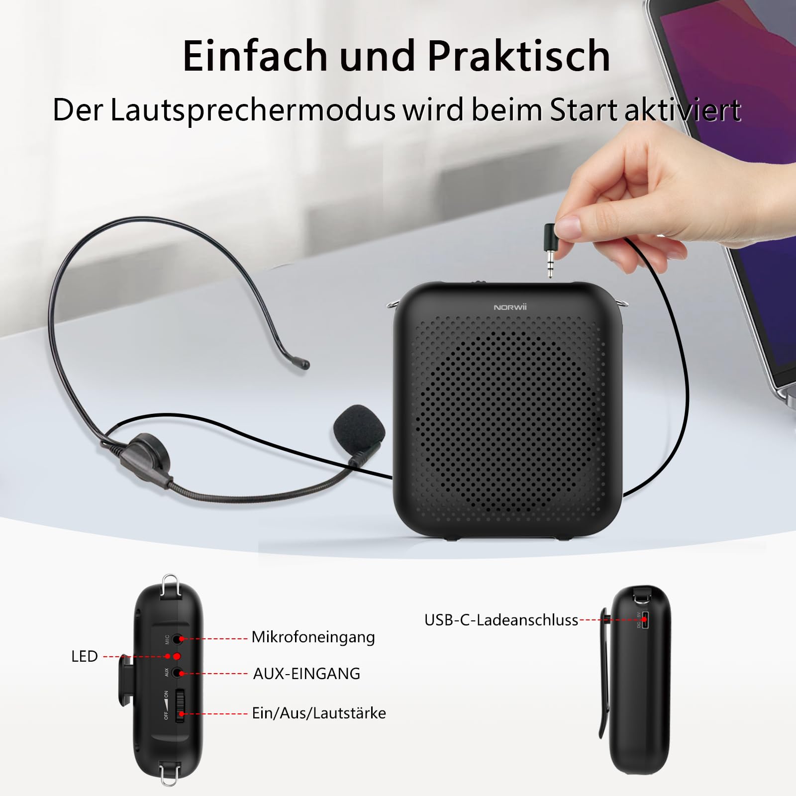 Norwii Sprachverstärker, PA-Endstufen, Tragbares Mini-Kabelmikrofon-Headset für Lehrer im Klassenzimmer und bei Vorlesungen im Freien, Unterricht, Reiseleiter, USB-C-aufladbar