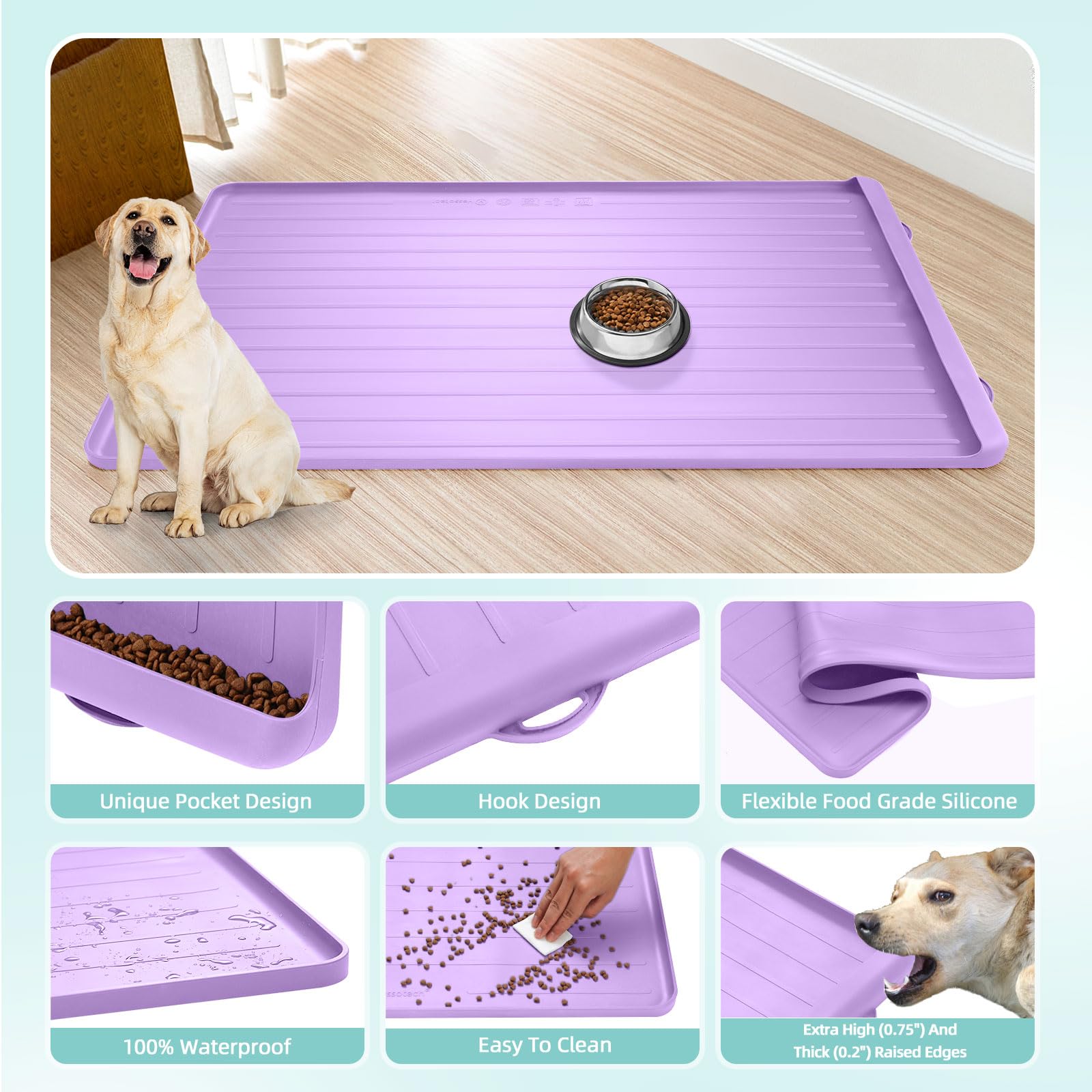 Tapis d'alimentation pour chien et chat – Grand tapis d'alimentation de 100,1 x 68,6 cm avec poche de collecte de résidus – Tapis imperméable pour gamelle pour chien et chat avec bords hauts pour