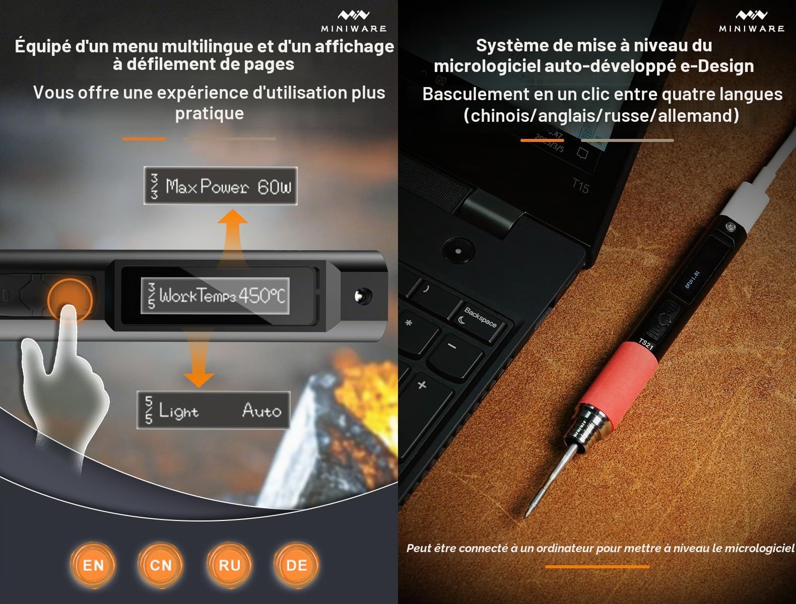 MINIWARE TS21 Fer à Souder Poste à Souder KU Tips Intelligent Portable Numérique 100W 3 Seconds Fondant Promoteur Lumière de Remplissage Préréglage Température 100-450℃