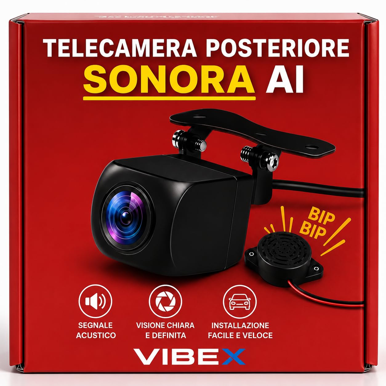 VIBEX Telecamera AI Posteriore AI 1080P | con Allarme Acustico SONORO| Compatibile con Autoradio Android e Monitor Auto | Impermeabile, Visione Notturna | Cavo 6 Metri