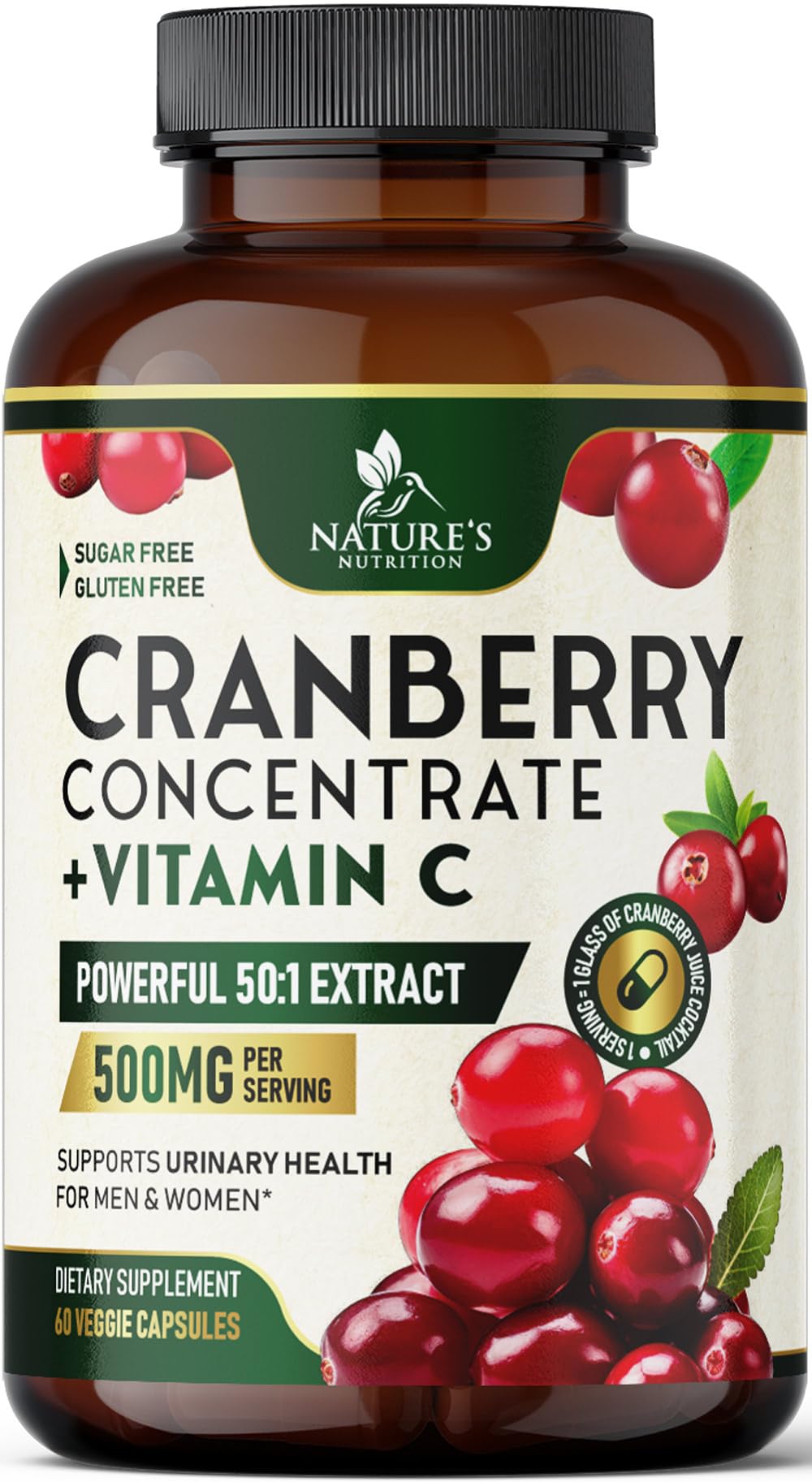 Cranberry Supplement Pills - 500mg Cranberry Extract Per Serving & High Potency Vitamin C - Urinary Tract Health Support for Women & Men - Vegan, Gluten Free, Non-GMO, Bottled in USA - 60 Capsules 60 Count (Pack of 1)