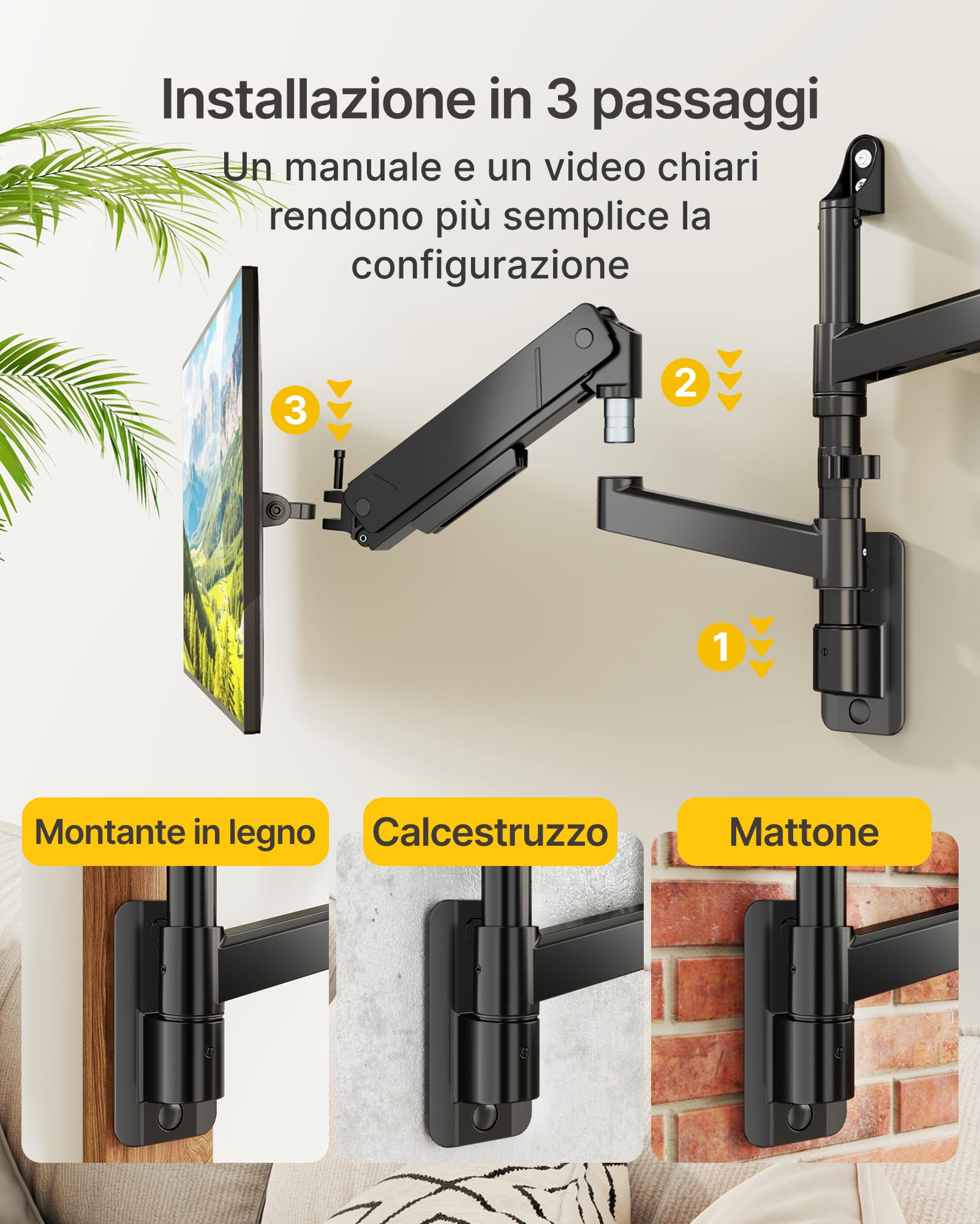 monTEK Supporto da parete per doppio monitor da 17 a 35", carico massimo 16 kg, compatibile con schermo piatto e curvo, braccio per monitor inclinabile, girevole e ruotabile, supporto da parete per TV