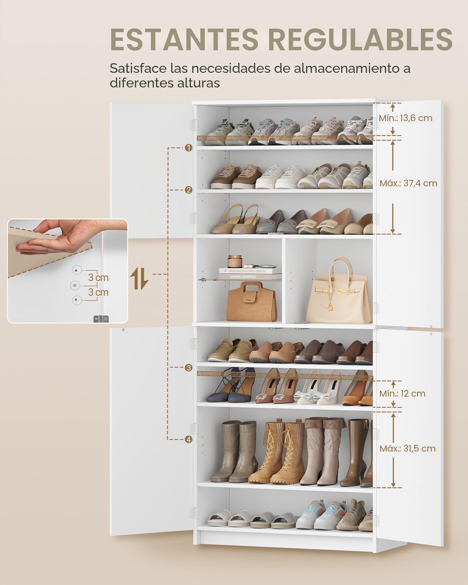 Hzuaneri Zapatero Alto con Espejo, Mueble de Recibidor para 36-40 Pares de Zapatos, Armario de Entrada con Mecanismo Push-to-Open, Estantes Ajustables, 2 Ganchos y Estante Abierto 36x80x180 cm Blanco | Apertura por presión, separador ajustable, 2 ganchos,
