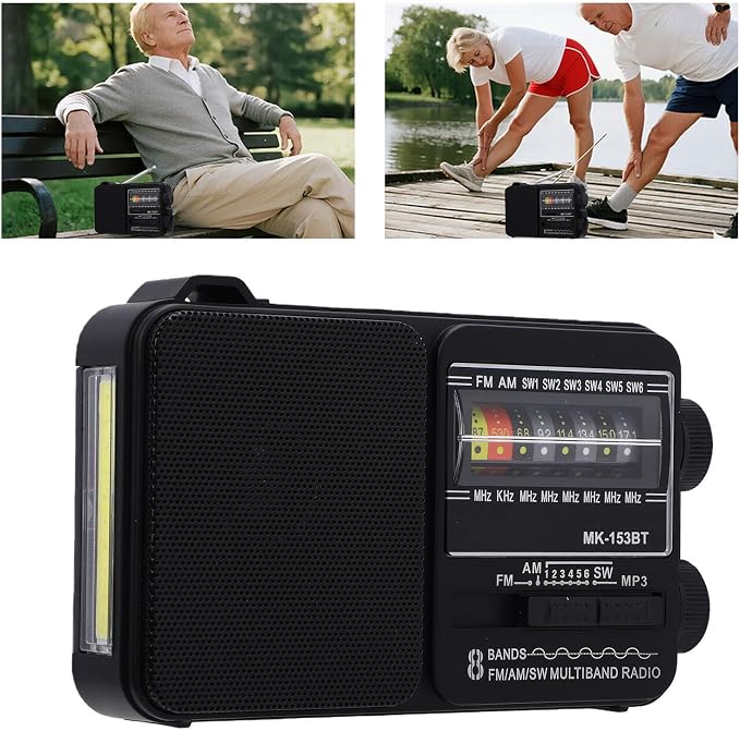 Radio portátil Bluetooth AM FM SW, con USB y linterna miniatura 9