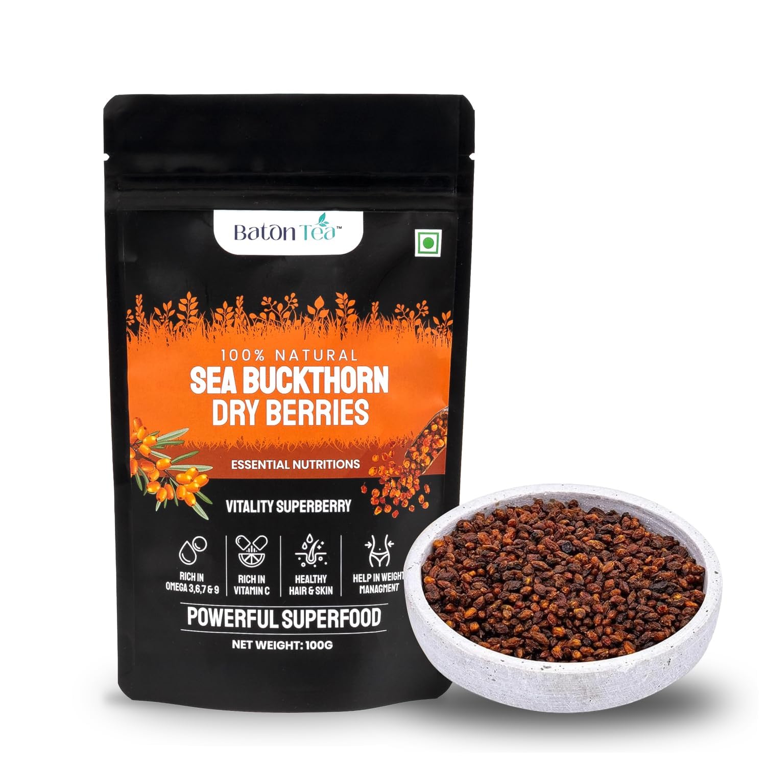 Baton Tea Seabuckthorn Dry Berry 100gm — Amazon image 2