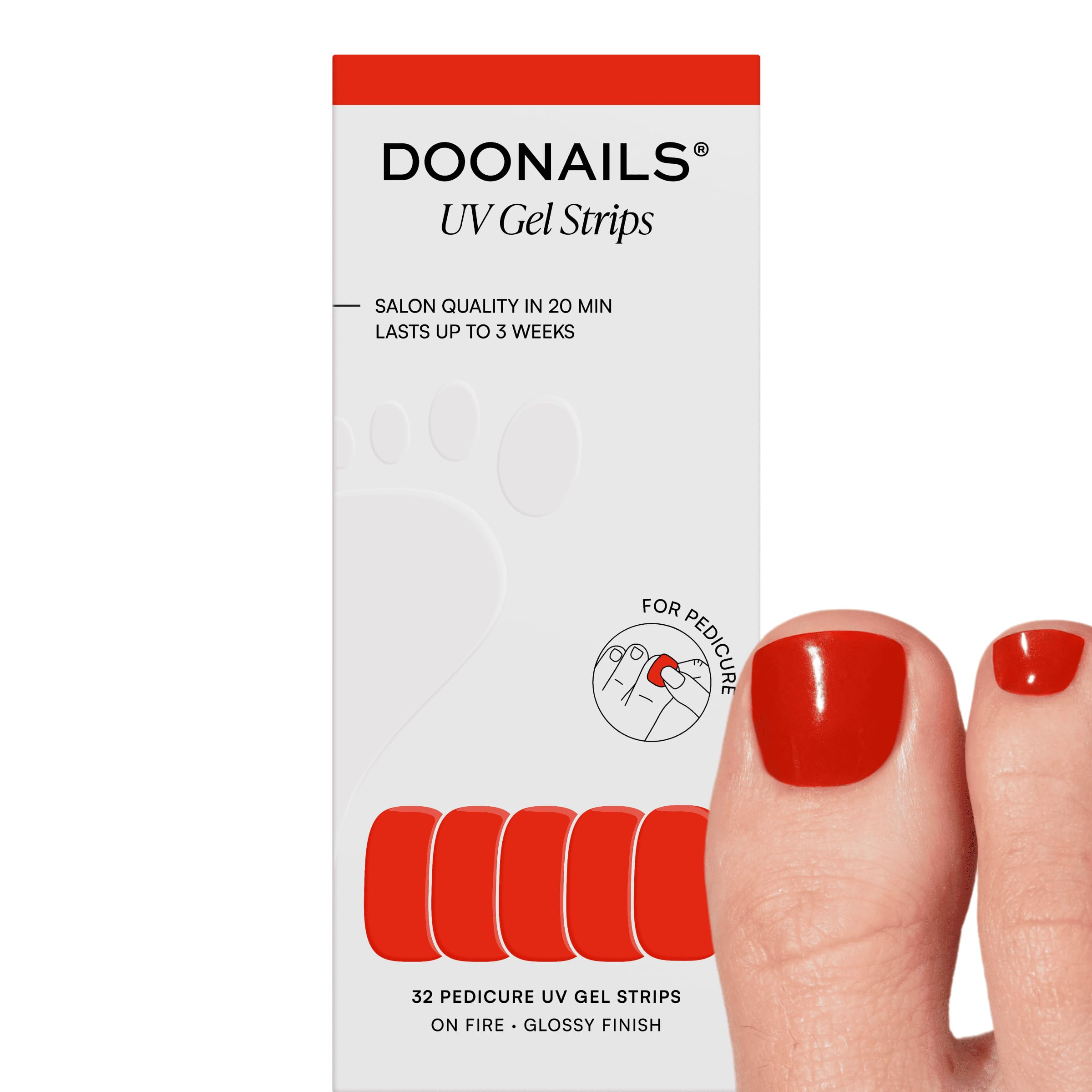 Doonails – On Fire Pediküre Gel Folien – 32 UV Gel Strips in 16 Größen auch für breite & kleine Nägel – Nagelfolien selbstklebend & UV härtend – Nagelaufkleber bis zu 14 Tagen Halt – 2 Anwendungen