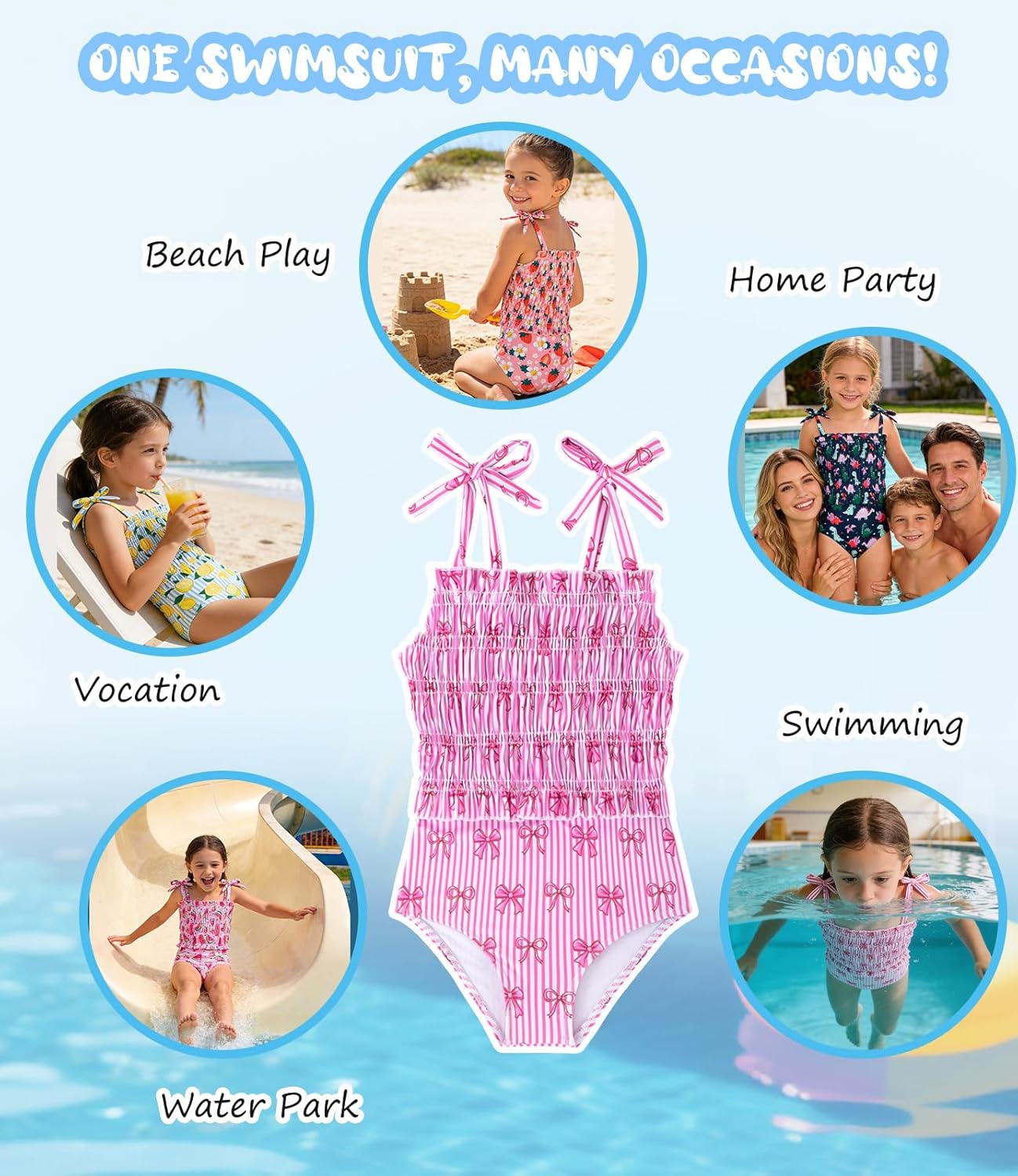 Toddler Girls Swimsuits Adjustable Straps One-Piece Swimwear Baby Girl Smocked Bathing Suits 2-6T - Image 6