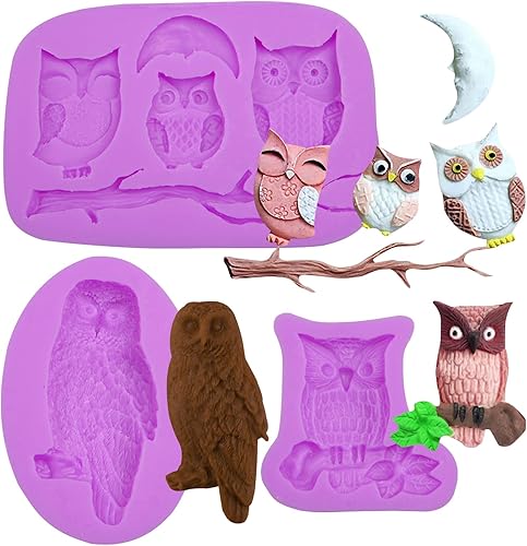 Moldes de silicona de búho para manualidades, juego de 3 piezas, múltiples diseños con patrón de ramas, moldes de fondant para decoración de