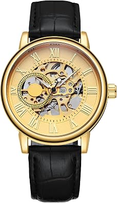 RORIOS Mens Watches Mechanical Skeleton Automatic Watch Luminous Watch with Leather Strap Self-Winding Wrist Watch