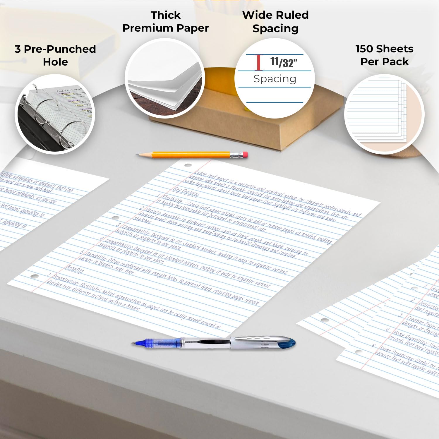 Rosmonde Lot de 6 feuilles de papier pour cahier, 900 feuilles, larges lignes, 20,3 x 26,7 cm, papier de remplissage de bureau en vrac, perforé à 3 trous, 150 feuilles/paquet, papier ligné large pour