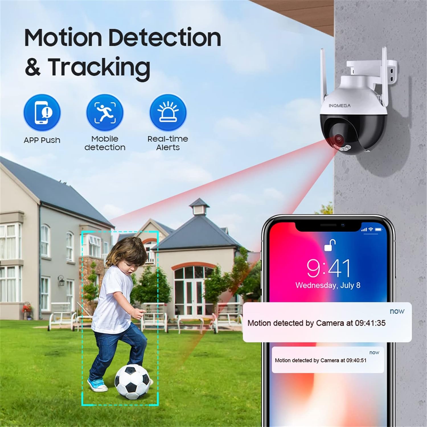 4MP Security Camera Outdoor, PTZ 355°View 1080P Security System 2.4GHZ WiFi Security Cameras Outdoor with Color Night Vision, Motion Detection and Alarm, IP66 Waterproof, 2-Way Talk, 24/7 SD Storage