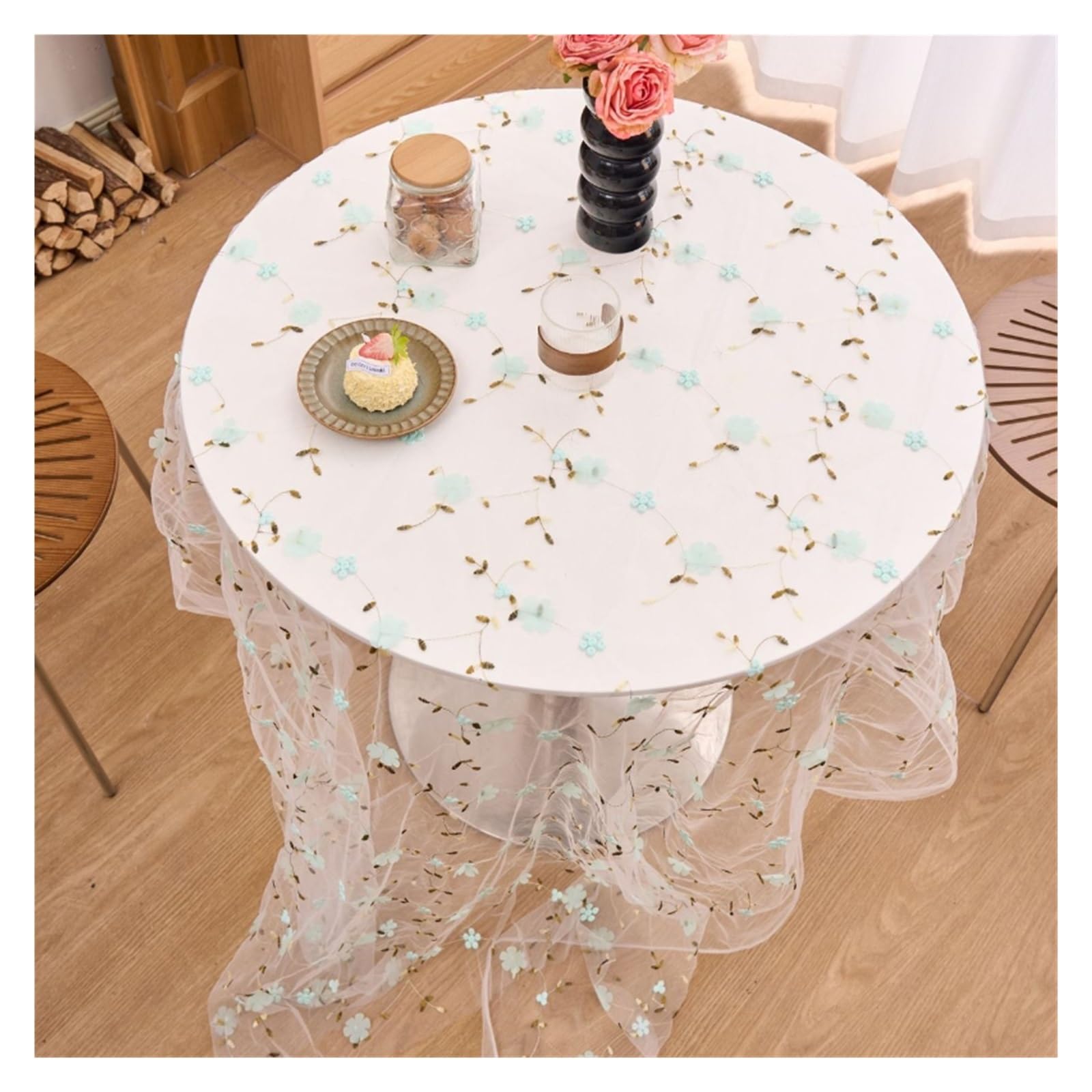 NJIEzhao Embroidered Lace Tablecloth Romantic Floral Embroidered Lace Tulle Tablecloth Transparent Mesh Table Cloth Cover(B,100x150CM)