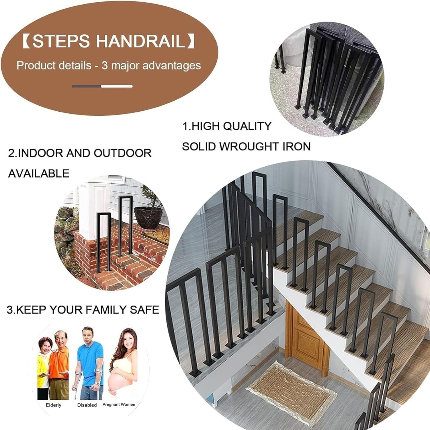 Black Staircase Handrail Kit, M-Shape Square Tube Iron Railing Safety Non-Slip for Outdoor, Villa, Corridor, Entrance Safety Decorative Railing. 35-100cm (Size: 55cm)